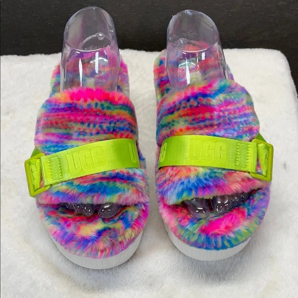 UGG Pink and Green Fluffita in Pixelate Platform Sandals with Fuzzy Upper‎